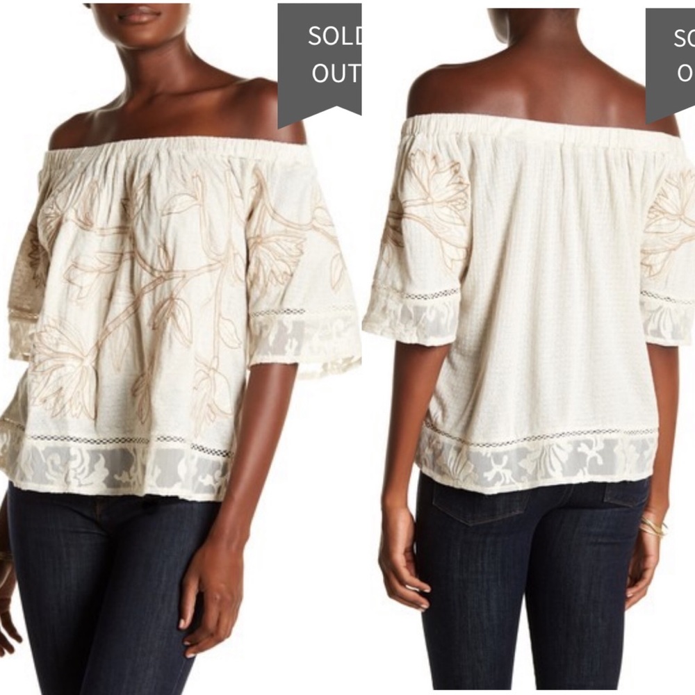 Lucky Brand Bohemian Off Shoulder Embroidered Top